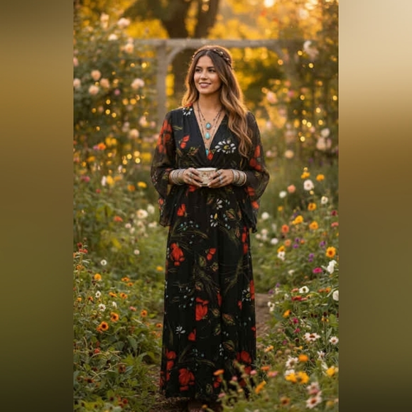 Vintage Dresses & Skirts - Vintage 70's angel wing sleeves maxi dress S/M